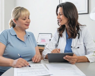 Patient reviewing bariatric surgery financing options with a healthcare coordinator in a California weight loss clinic