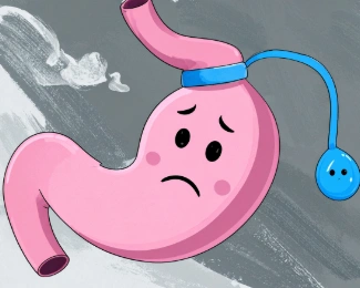 Sad cartoon stomach with a lap band device wrapped around it, illustrating discomfort or complications from lap band surgery