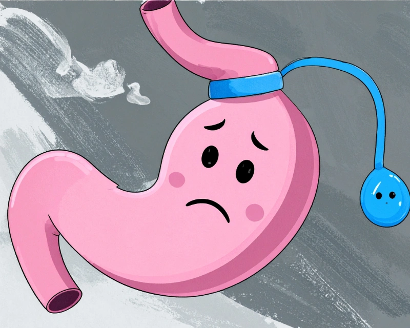 Sad cartoon stomach with a lap band device wrapped around it, illustrating discomfort or complications from lap band surgery