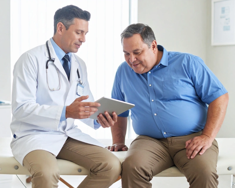 Doctor discussing gastric sleeve vs gastric bypass surgery options with a patient during a consultation