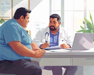 Patient reviewing bariatric surgery insurance coverage with a healthcare coordinator in a clinic