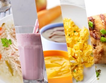 Bariatric diet stages showing progression from broth and protein shake to pureed foods, scrambled eggs, and grilled chicken