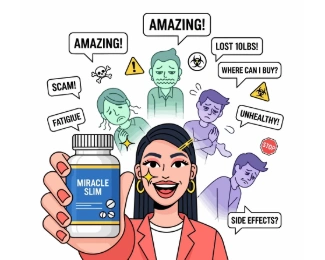 Illustration showing misleading weight loss supplement marketing and concerns about unsafe diet products and side effects.