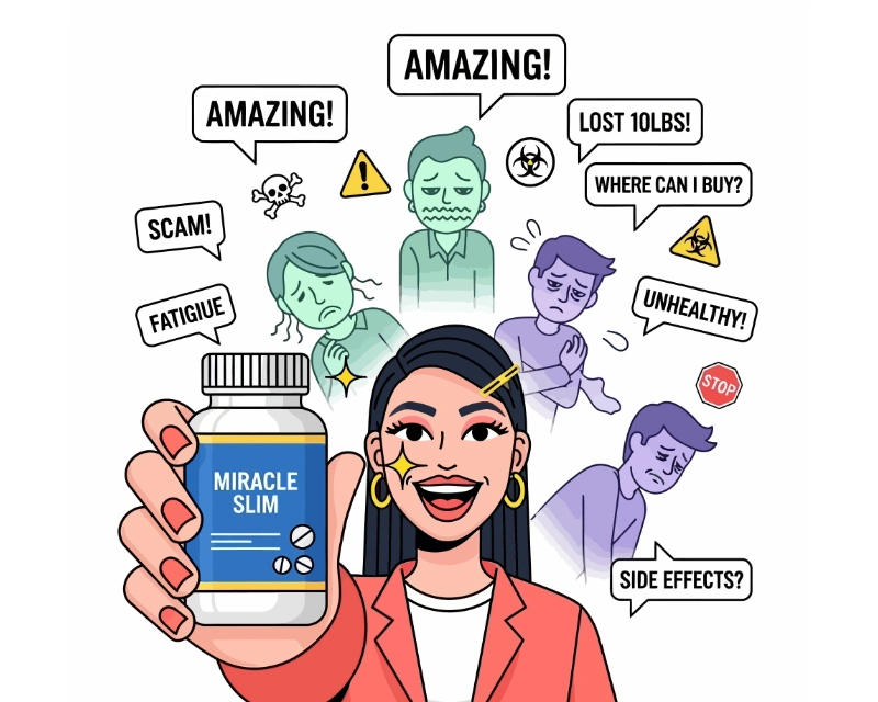 Illustration showing misleading weight loss supplement marketing and concerns about unsafe diet products and side effects.