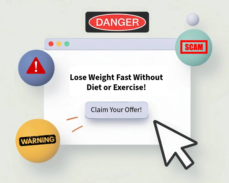 misleading weight loss advertisement and a fake popup promoting rapid weight loss offers online