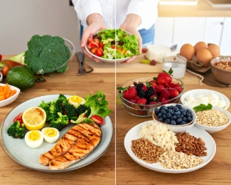 High-protein and high-fiber foods commonly recommended for healthy weight loss, including eggs, chicken, vegetables, beans, berries, and whole grains