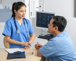 Bariatric surgeon discussing revision weight loss surgery options with a patient during a follow-up consultation