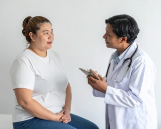 Patient comparing GLP-1 medications and bariatric surgery with a weight loss specialist