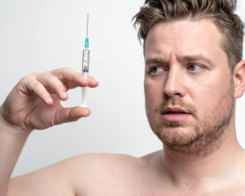 Overweight adult looking at a GLP-1 weight loss medication injector pen while considering treatment options