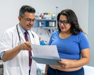 Patient discussing BMI and gastric sleeve surgery qualifications with a bariatric surgeon