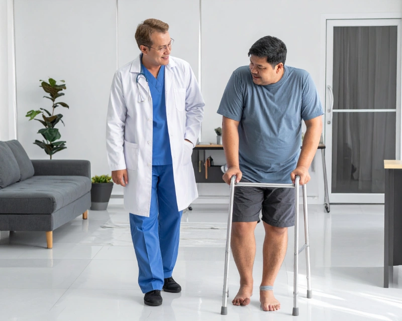 Healthcare provider discussing BMI, obesity, and joint health with a patient experiencing knee pain