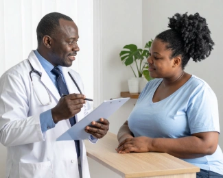 Healthcare provider reviewing BMI results and weight-related health risks with an adult patient during a consultation
