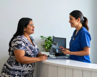 Patient discussing bariatric surgery insurance coverage and eligibility requirements with a healthcare receptionist