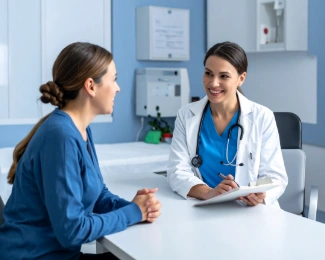 Bariatric surgeon discussing the benefits and risks of weight loss surgery with a patient