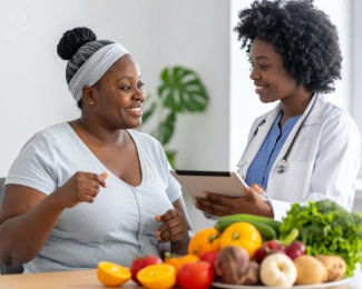 A bariatric patient reviewing healthy meal choices with a dietitian