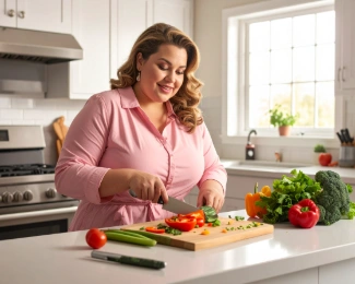 A woman preparing a healthy meal while considering weight management options after gastric sleeve surgery.