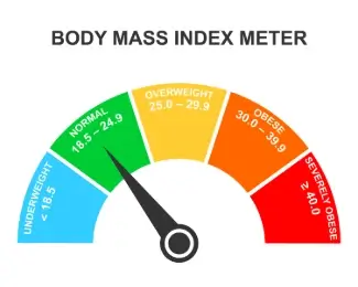 BMI category gauge showing ranges from underweight and healthy weight to overweight and obesity.