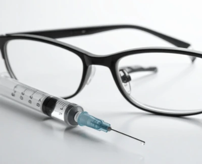 GLP-1 injection pen beside eyeglasses representing concerns about vision loss