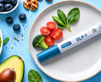 GLP-1 injection pen beside a balanced meal representing nutrition during weight loss