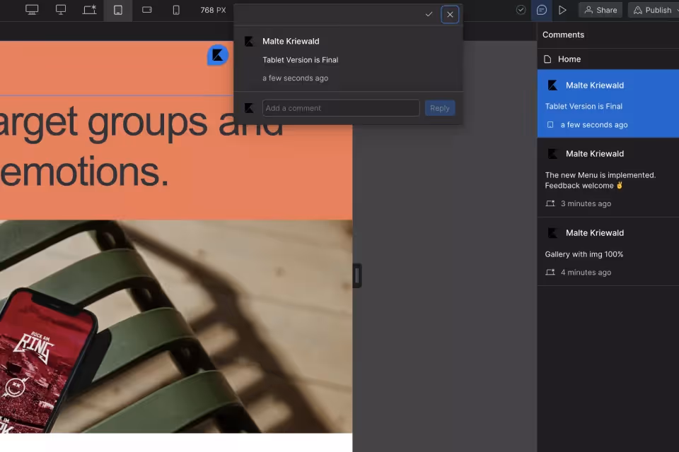 Kommentare im Webflow Designer