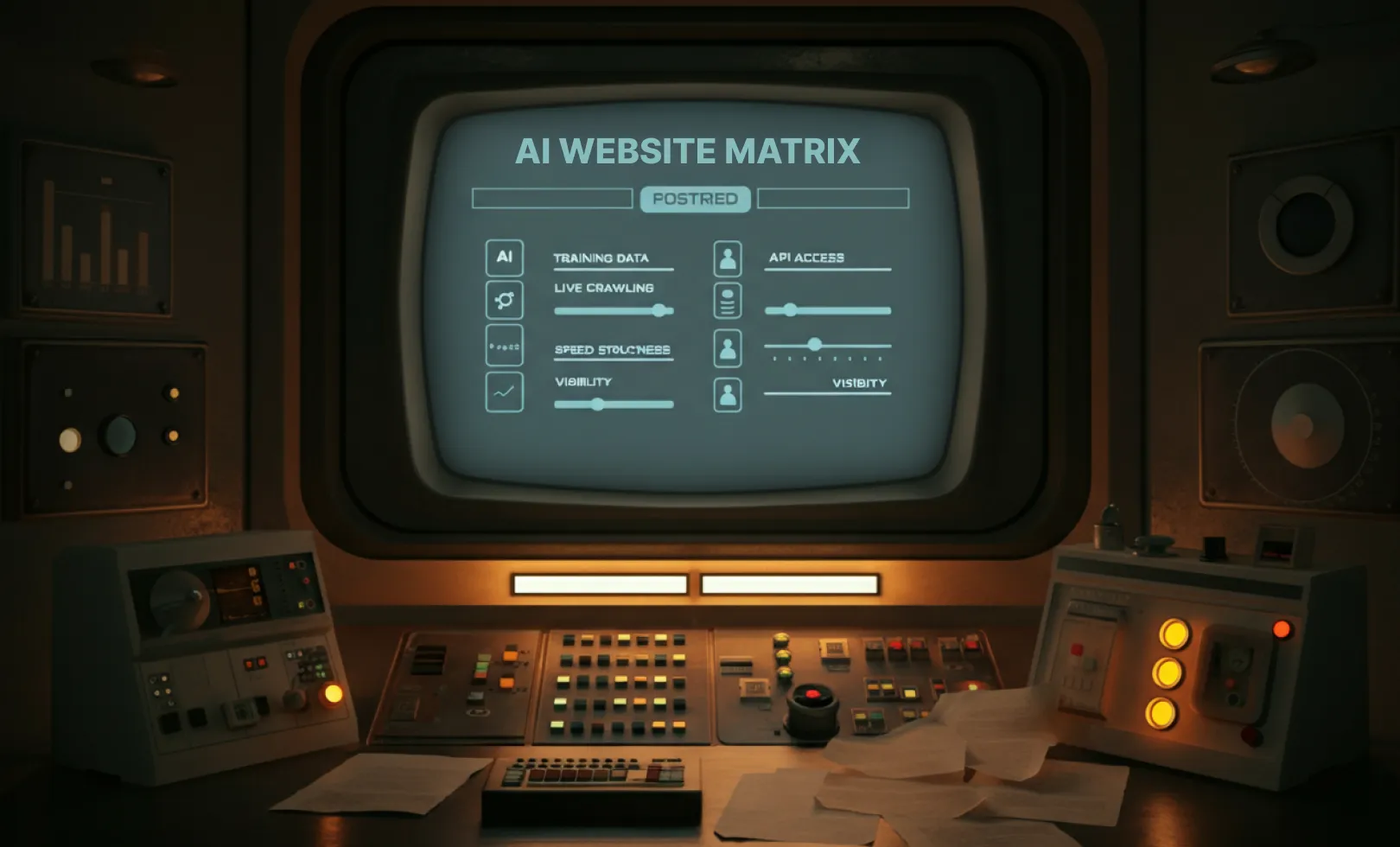 Retro-Kontrollraum mit Bildschirm zeigt Matrix zu KI-Zugriffsarten auf Websites: Training Data, Live Crawling und API Access – dargestellt mit Symbolen und Reglern