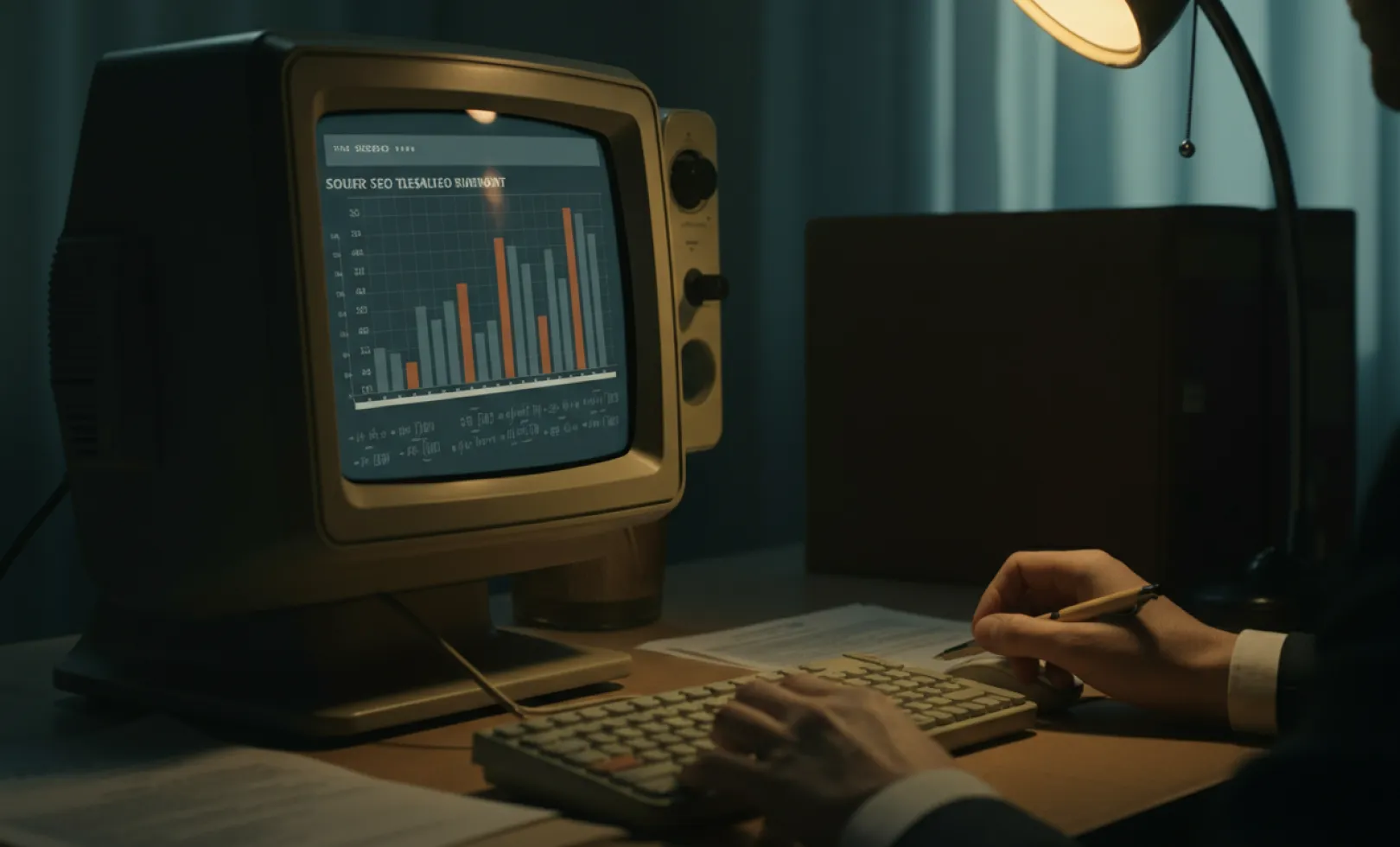 Retro-futuristic computer screen with SEO data and charts — visualizing technical SEO as a basis for AI visibility