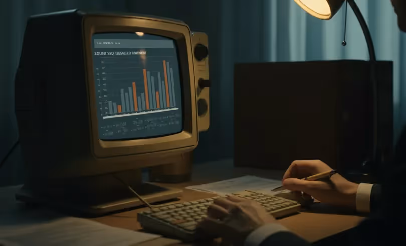 Retro-futuristischer Computerbildschirm mit SEO-Daten und Diagrammen – Visualisierung von Technical SEO als Grundlage für KI-Sichtbarkeit
