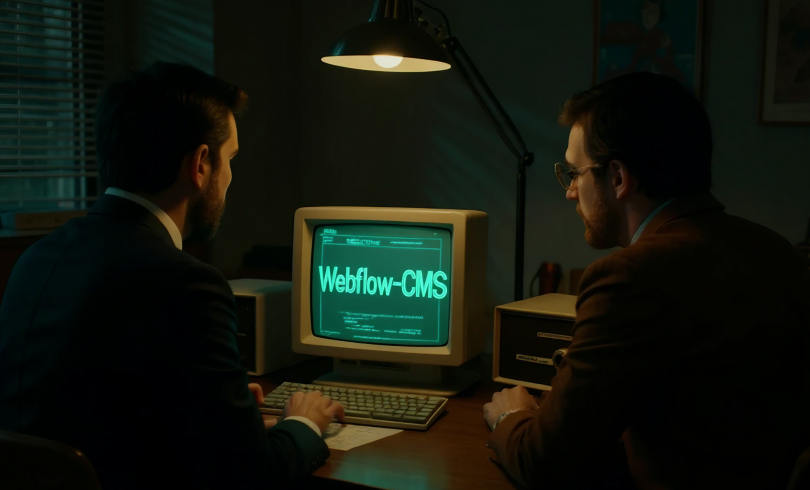 Zwei Kollegen in einem 70er-Jahre-Büro betrachten einen Retro-Monitor mit der Aufschrift CMS, Symbol für Webflows KI-gestütztes Content-Management.