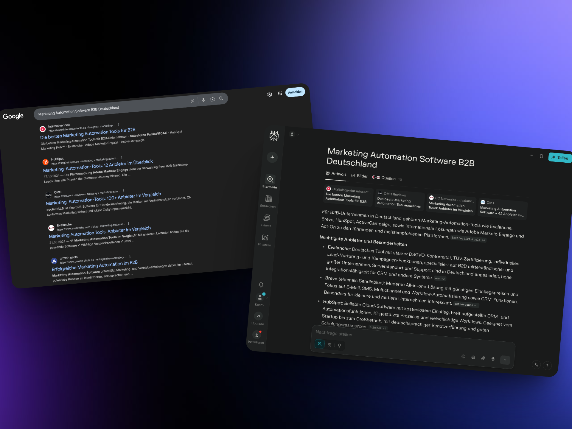 Google Suche vs Perplexity Interface