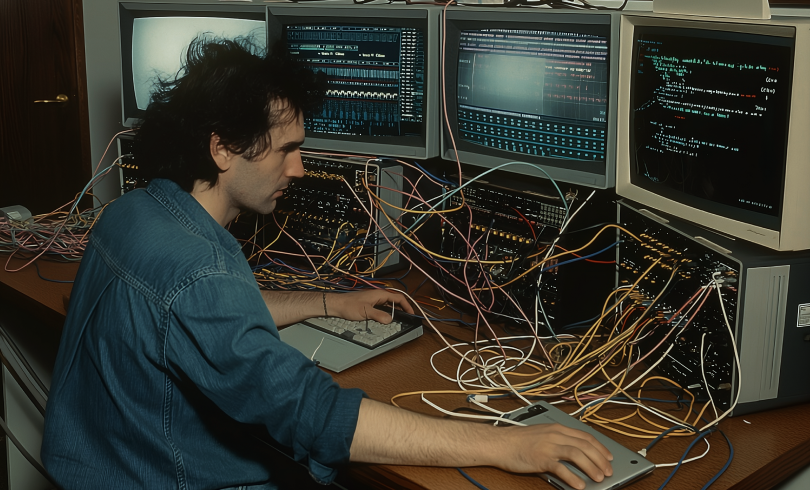 Entwickler sitzt vor mehreren CRT-Monitoren mit Programmcode in einem chaotischen Retro-Büro der 1980er Jahre, umgeben von bunten Kabeln