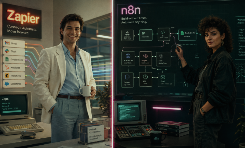 Split-Screen-Vergleich: Links Zapier mit App-Integrationen und CRT-Monitor, rechts n8n mit komplexem Workflow-Diagramm an einer Tafel – Retro-Ästhetik der 1980er Jahre