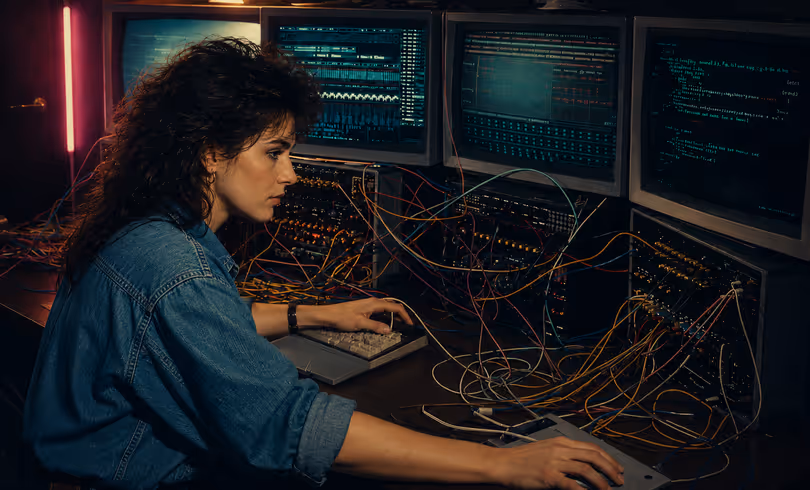 Entwickler sitzt vor mehreren CRT-Monitoren mit Programmcode in einem chaotischen Retro-Büro der 1980er Jahre, umgeben von bunten Kabeln
