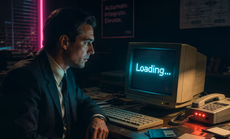 Mann im Anzug sitzt wartend vor einem Retro-CRT-Monitor mit der Aufschrift „Loading..." in einem dunklen Büro der 1980er Jahre, Disketten und Modem auf dem Schreibtisch