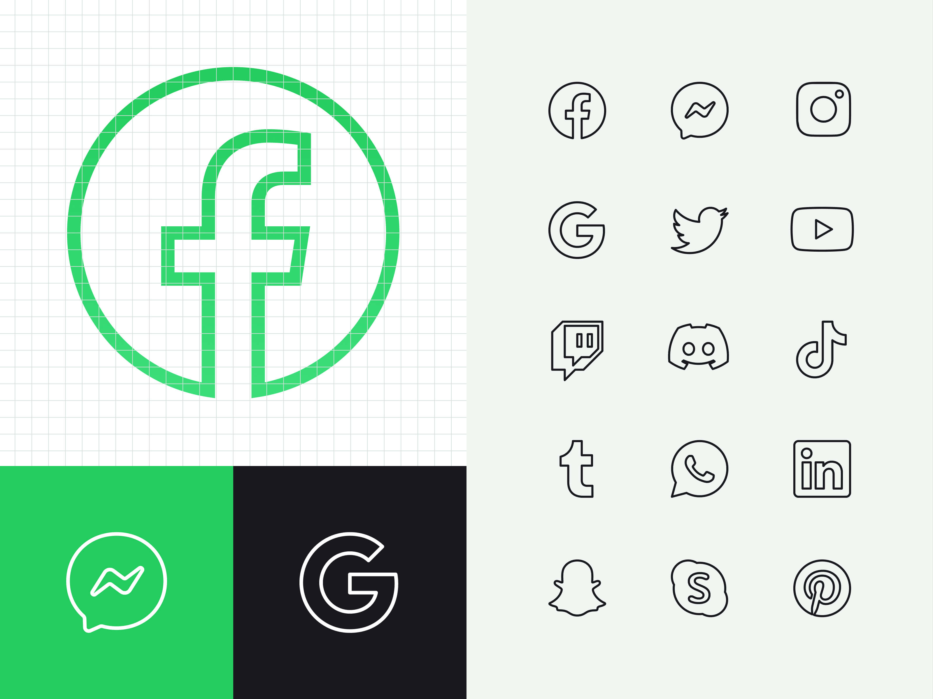 a white background with black and green social media icons