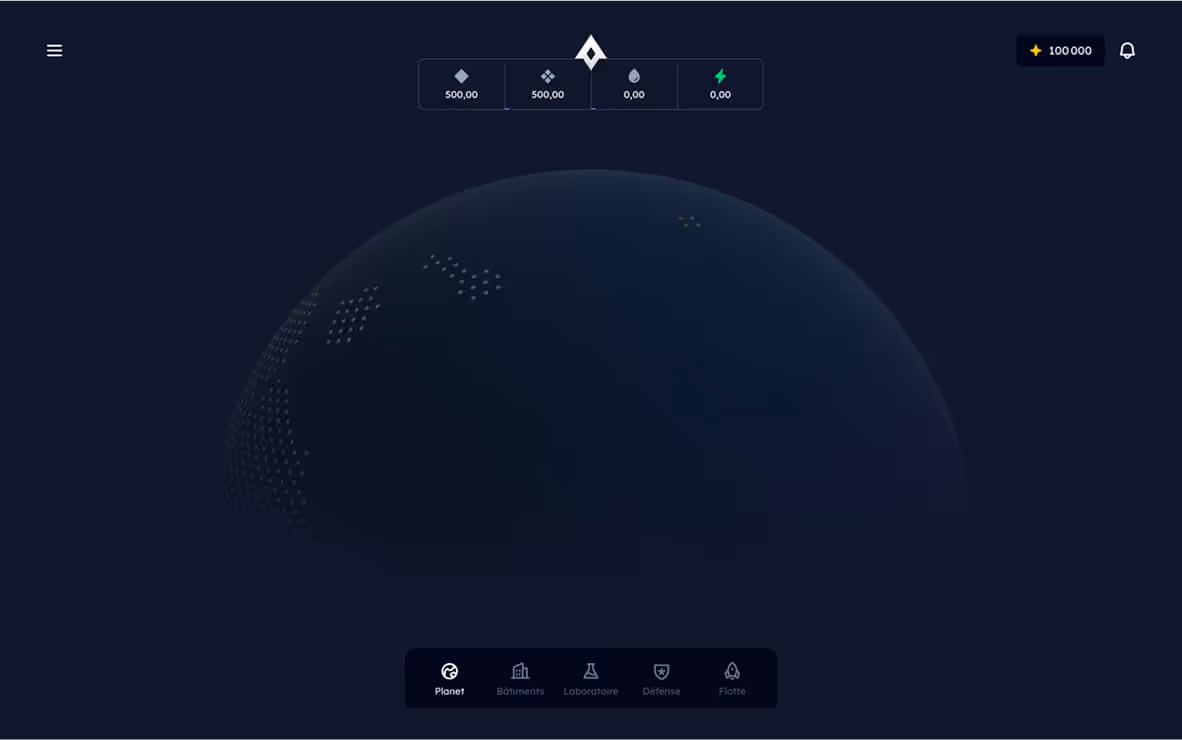 Interface de jeu sombre avec globe stylisé et options de menu