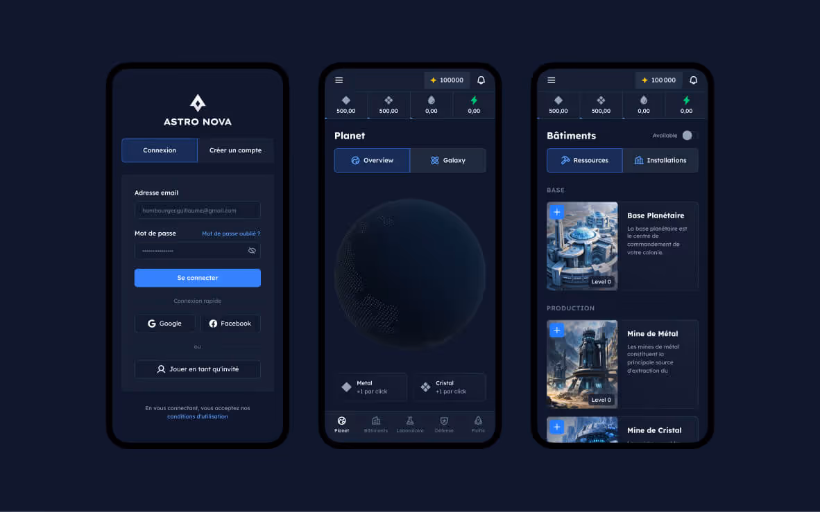 Interface de jeu spatial Astro Nova avec écrans de connexion et de gestion planétaire