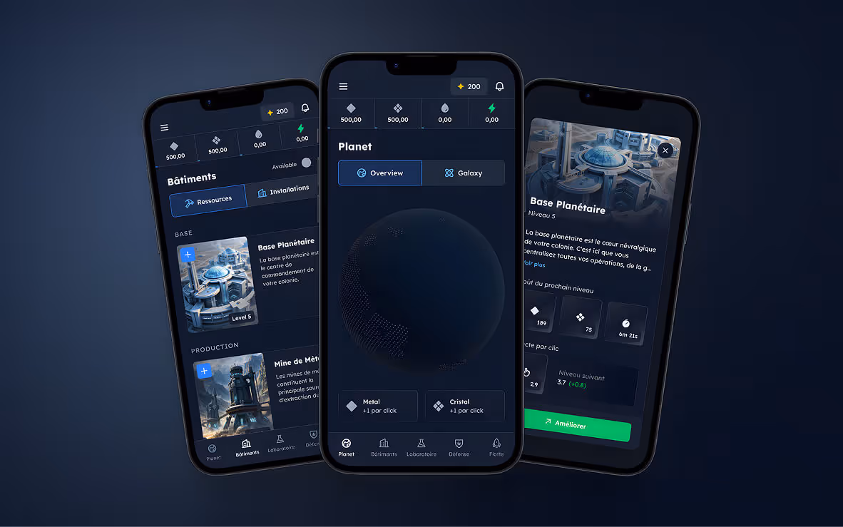 Interface de jeu spatial avec écrans de base planétaire et ressources