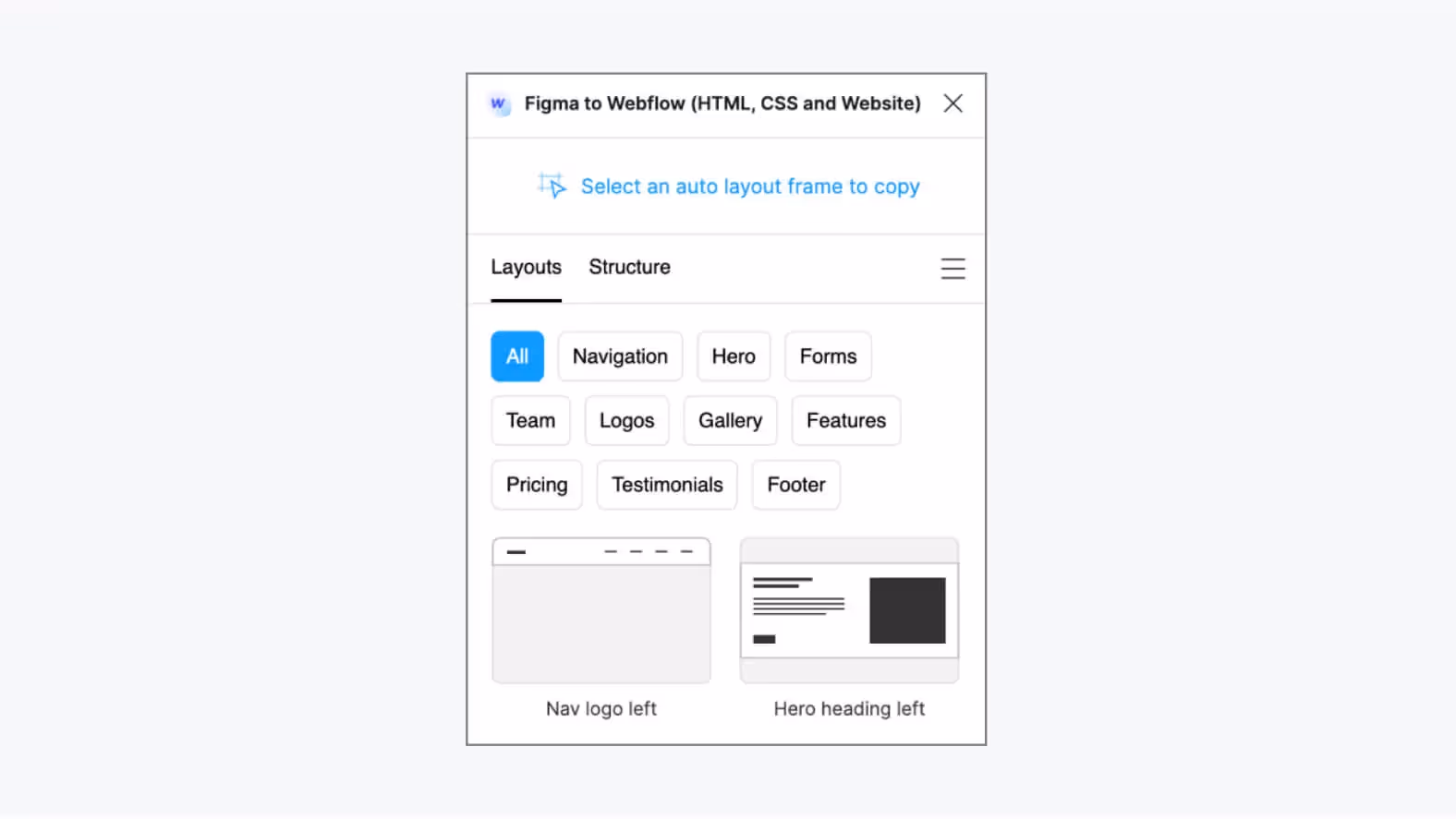 Figma to Webflow plugin with layout tab open