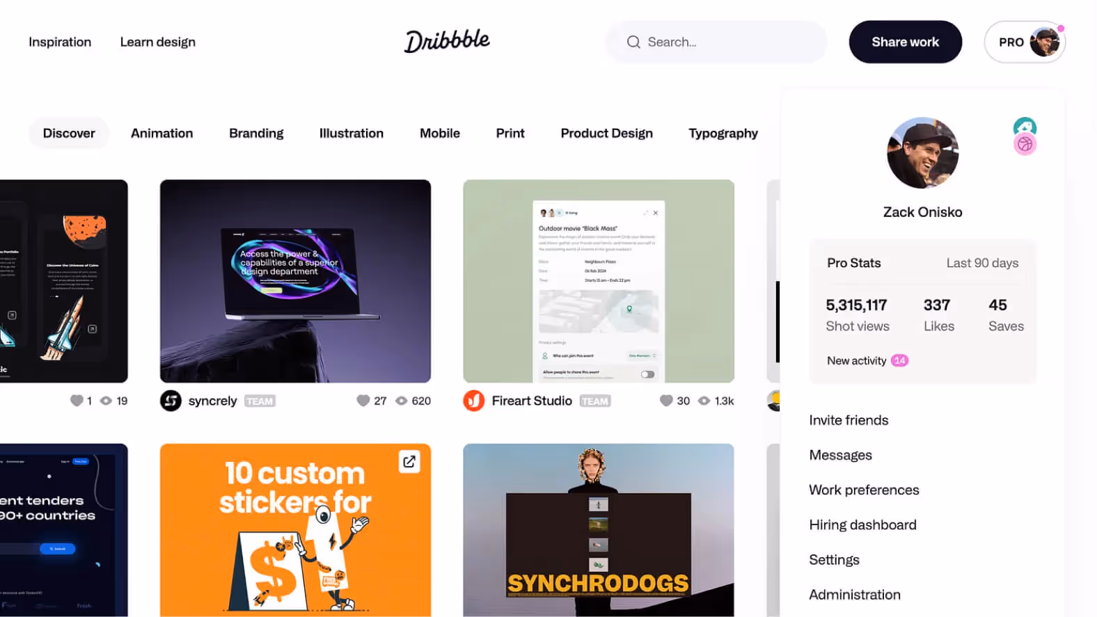 Dribbble inspiration page with discover active filter
