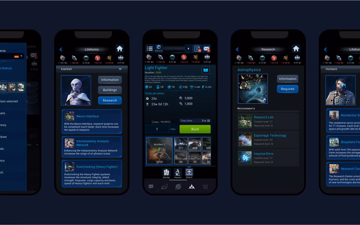 Interface de jeu spatial futuriste avec écrans de recherche et de construction