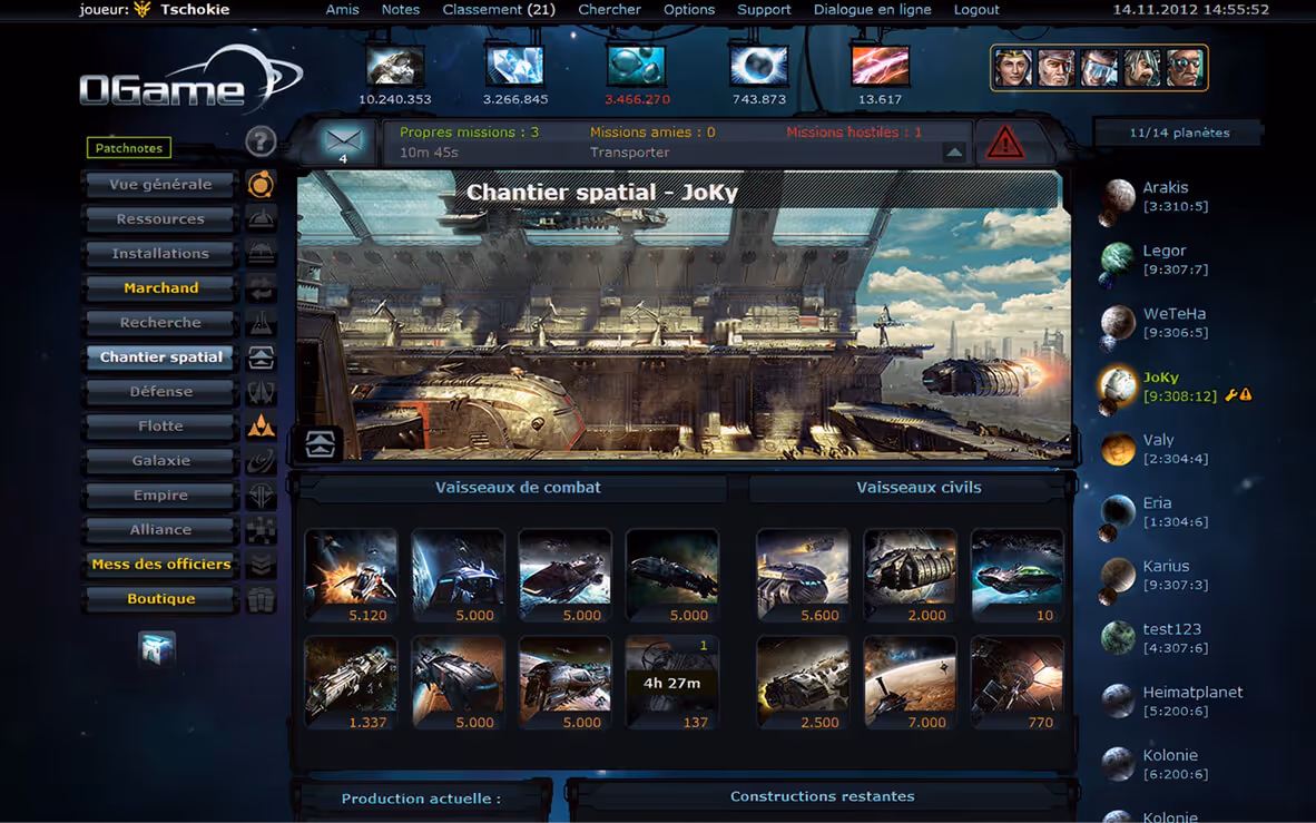 Interface de jeu spatial OGame montrant un chantier spatial et des vaisseaux