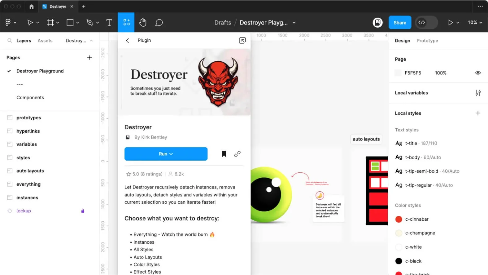 a screenshot figma with destroyer plugin open