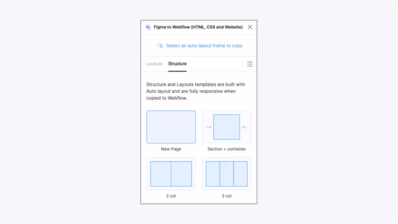 Figma to Webflow plugin with structure tab open
