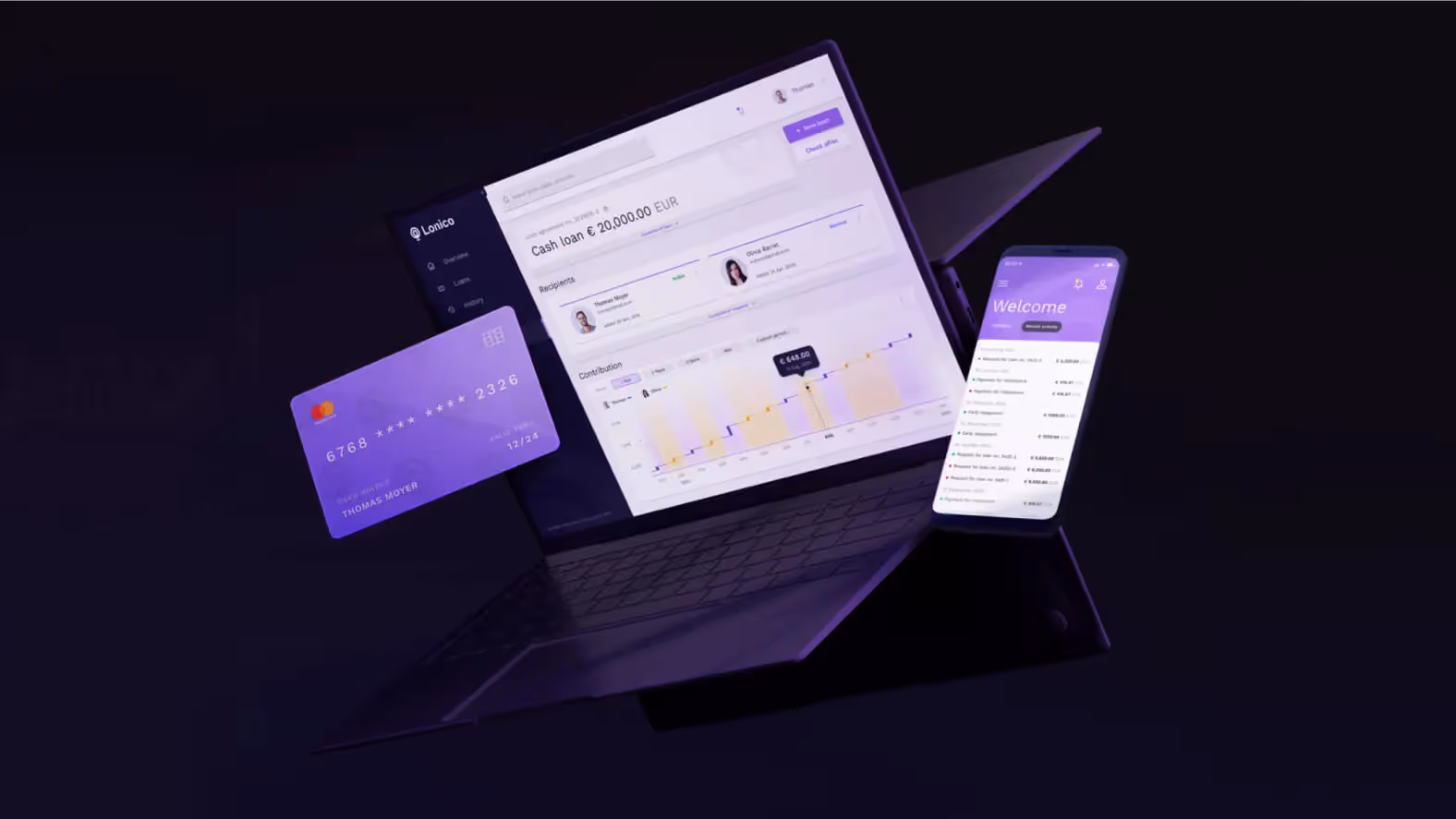 a laptop and phone with a credit card flying out of it