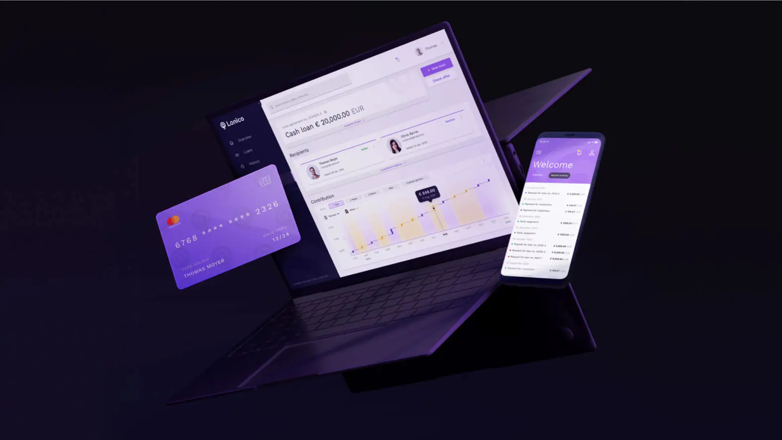 a laptop and phone with a credit card flying out of it