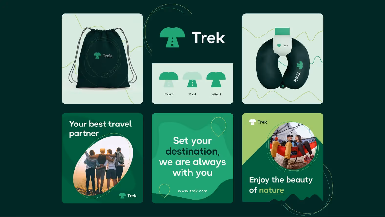 a group of green and white posters