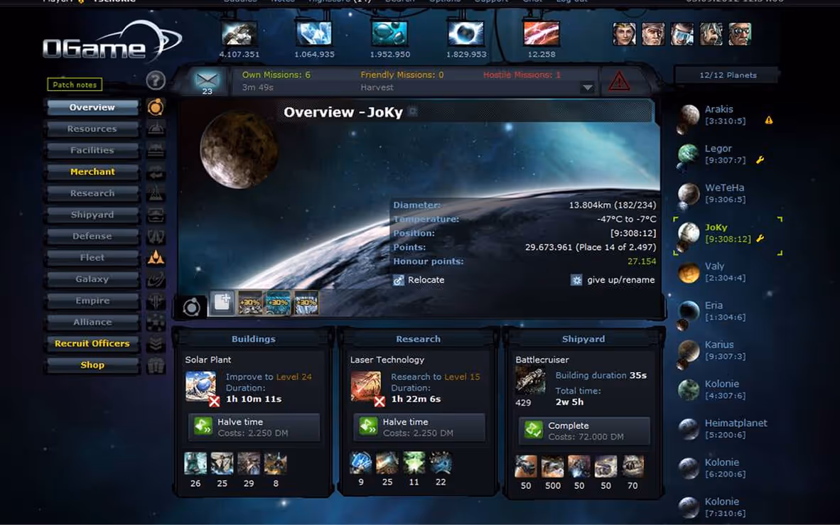 Capture d'écran de Version actuel du jeu OGame - Interface et design UX/UI