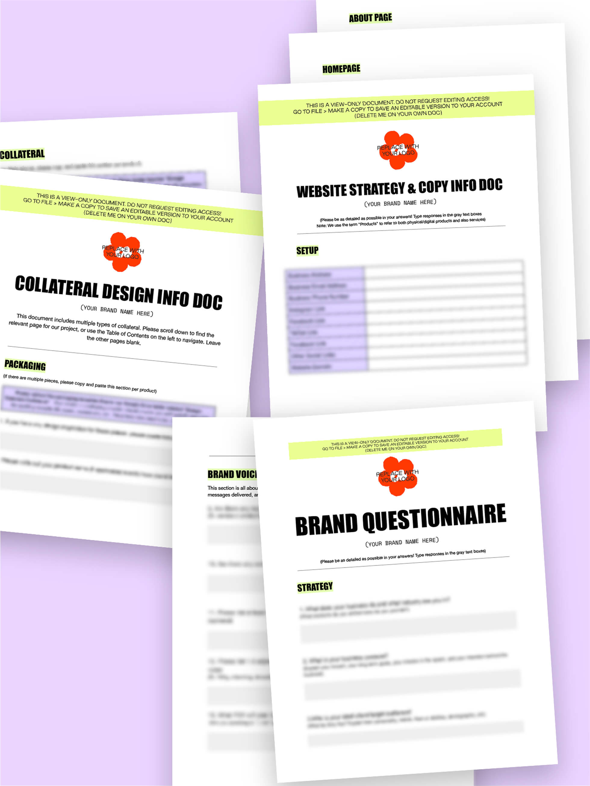 Overlapping pages of branded questionnaire documents titled Collateral Design Info Doc, Website Strategy & Copy Info Doc, and Brand Questionnaire with highlighted sections and a placeholder logo.