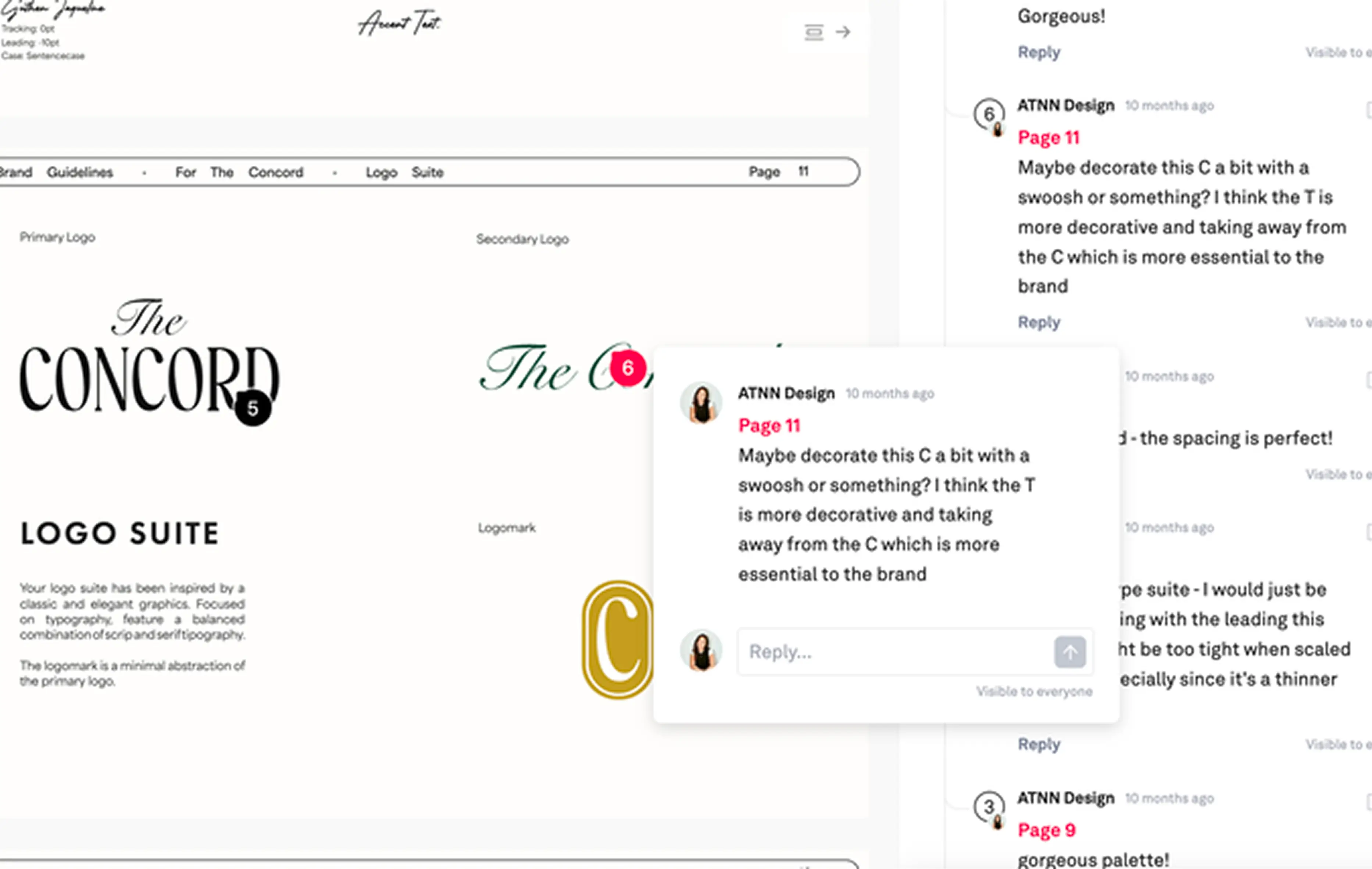 Design feedback on logo suite for 'The Concord' with primary and secondary logos and a gold logomark, including comments suggesting decoration on the letter C.