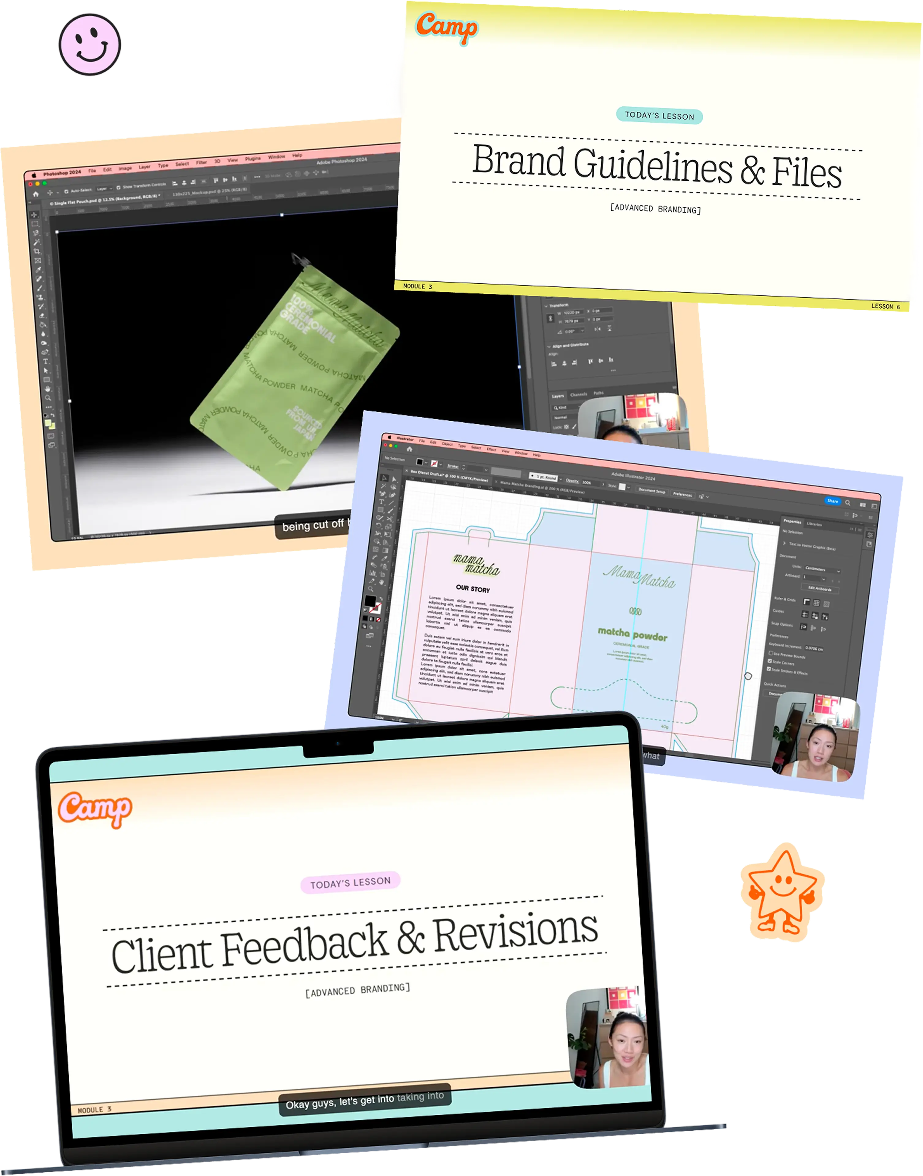 Three computer screens showing design software with packaging mockups and branding lesson slides titled 'Brand Guidelines & Files' and 'Client Feedback & Revisions' with a video speaker inset in each screen.